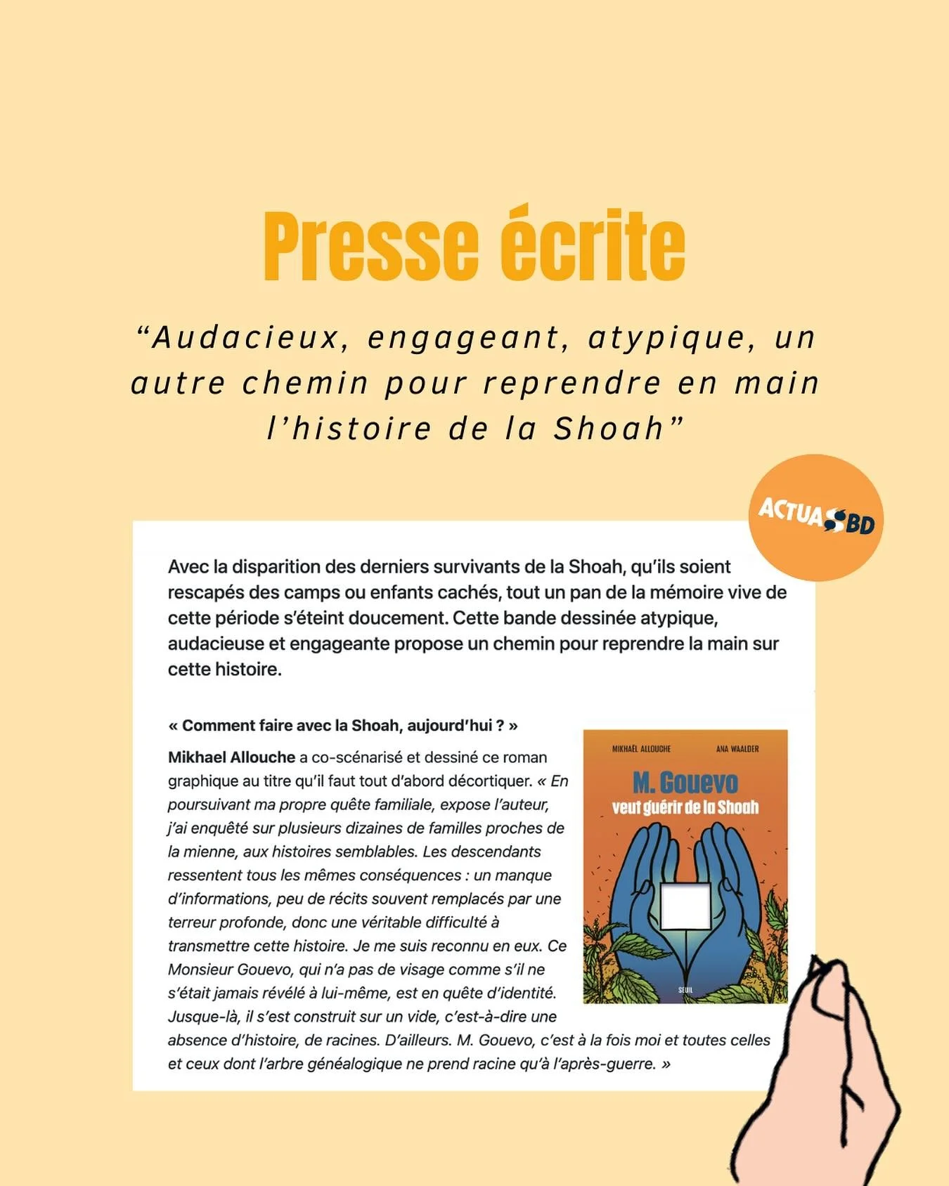 Le 20 juin, ActuaBD fait para&icirc;tre un papier tr&egrave;s int&eacute;ressant sur M. Gouevo. 
Une interview des auteurs passionnante que vous pouvez retrouver juste ici :

https://www.actuabd.com/Mikhael-Allouche-et-Ana-Waalder-Une-quete-d-identit