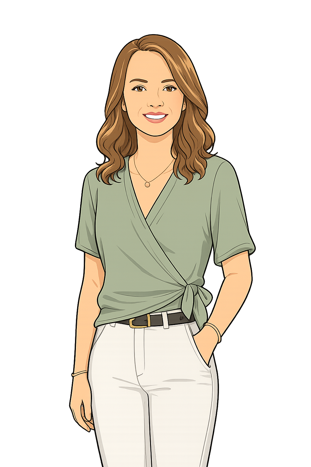 A smiling woman with brown hair, wearing a light green blouse with a tied knot and white pants, standing against a dark, colorful background.