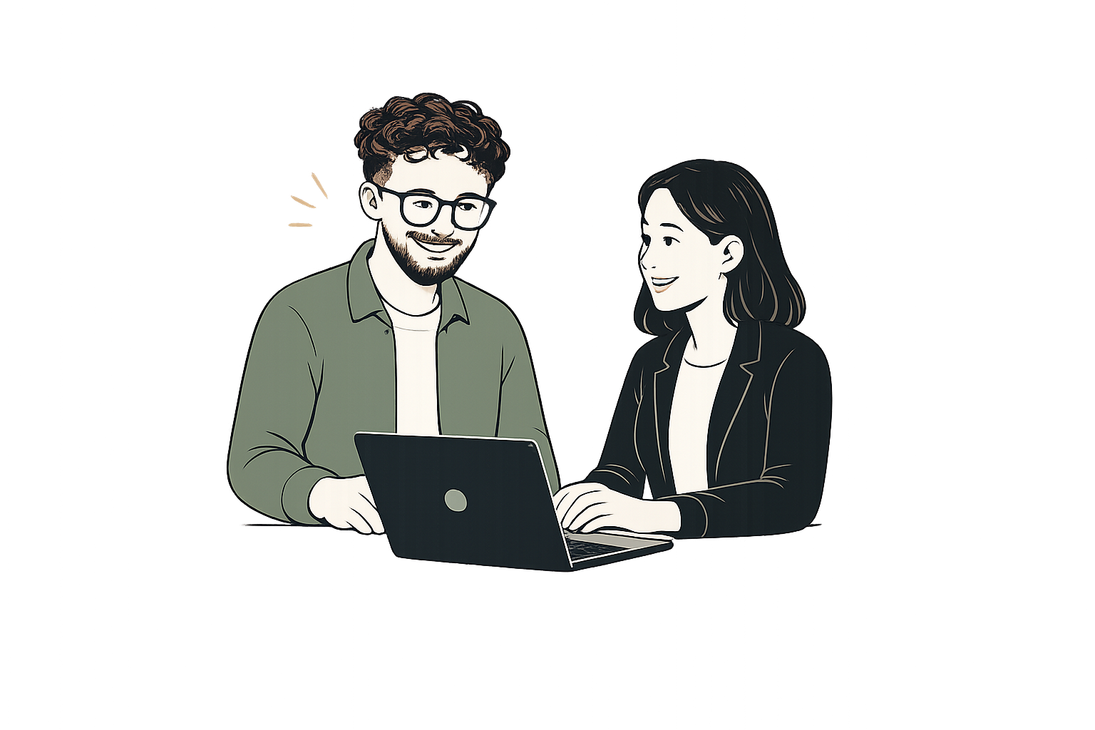 A man and woman looking at a laptop, smiling, in an office or café setting.