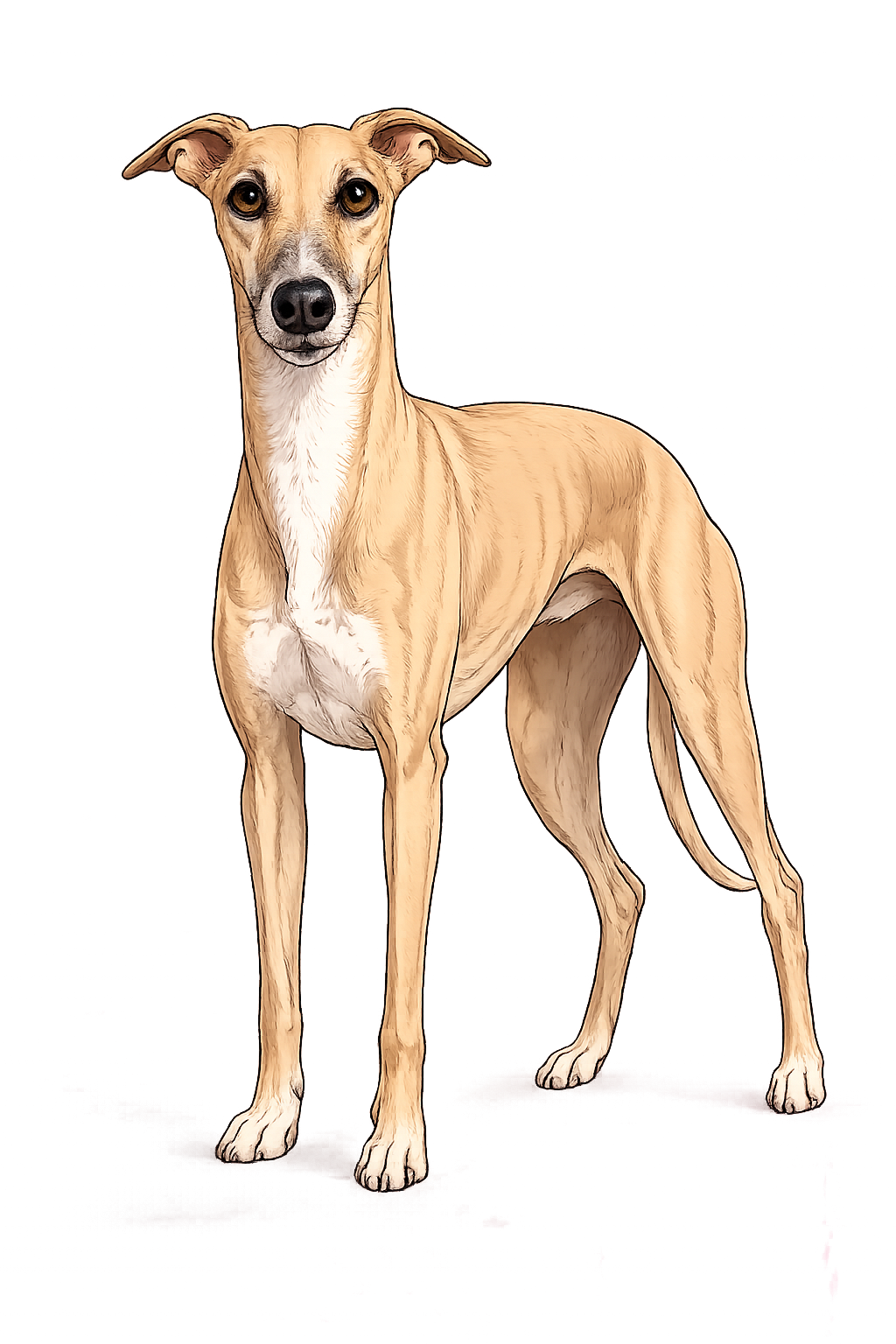 A digital illustration of a slender, tan-colored dog with a white chest and black nose, standing on a pink and purple abstract background.