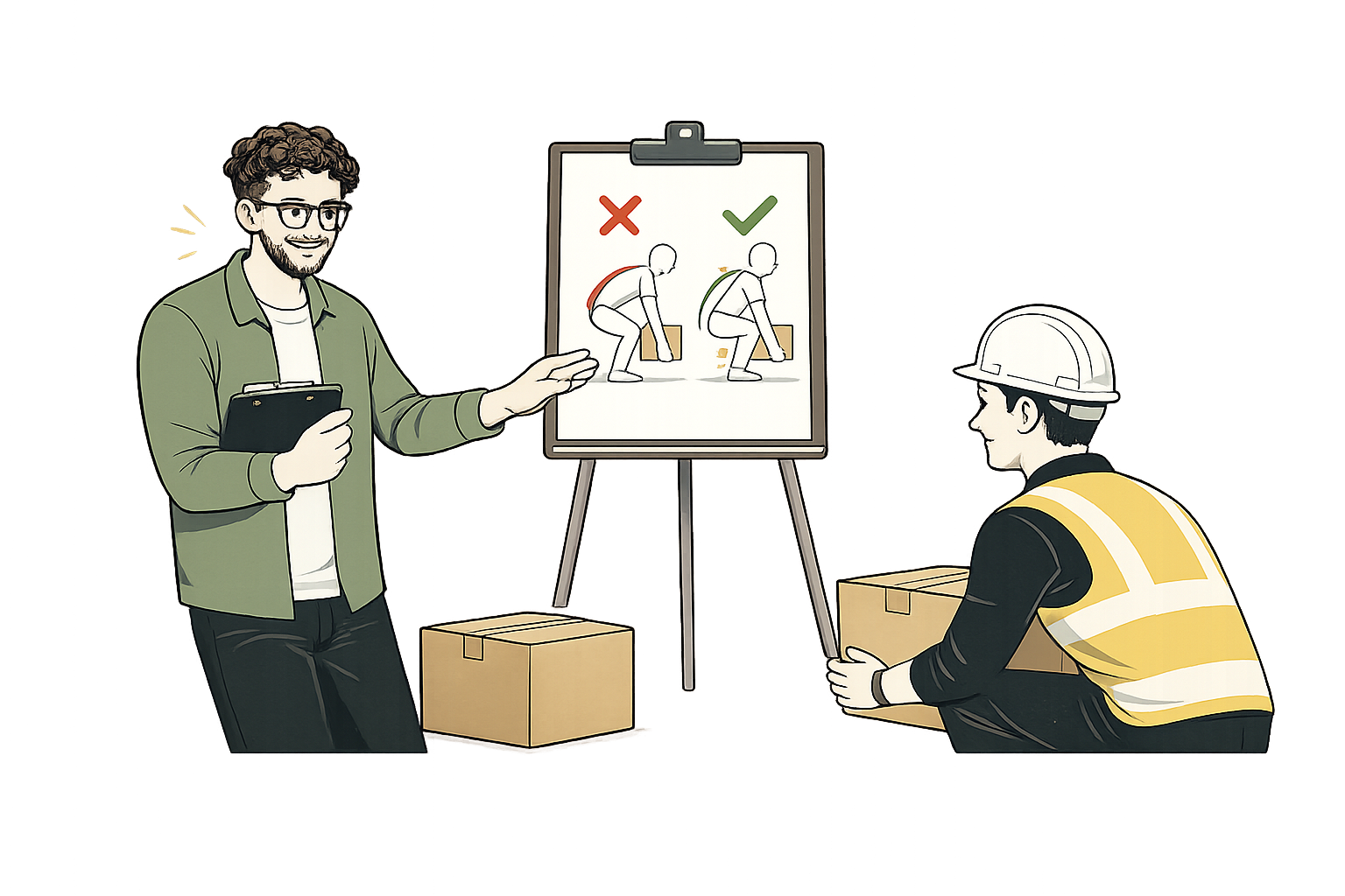 A man giving safety instructions about proper lifting techniques, with a visual aid showing correct and incorrect postures, while another person dressed in construction gear holds a box nearby.