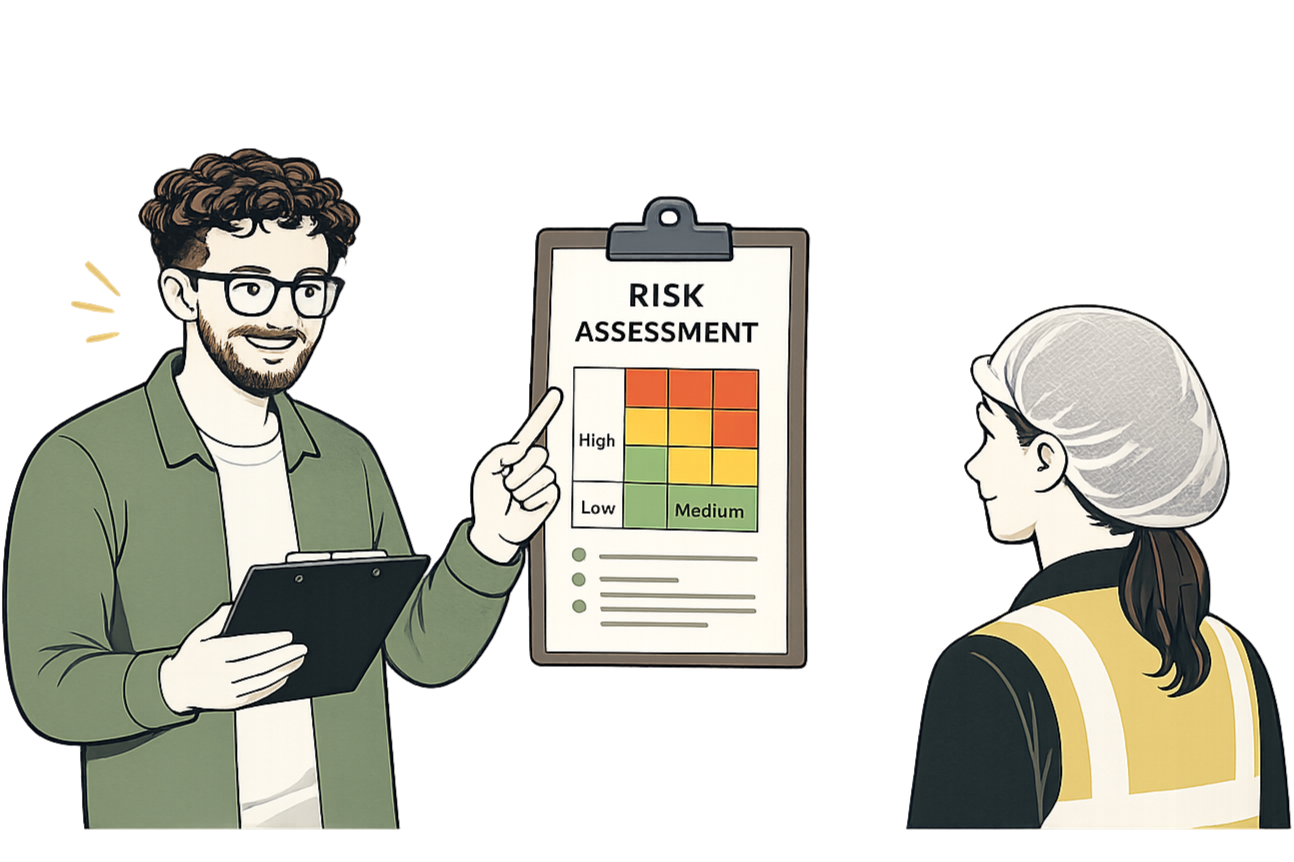 A man with glasses holding a tablet and pointing at a risk assessment chart, with a woman in safety gear listening.