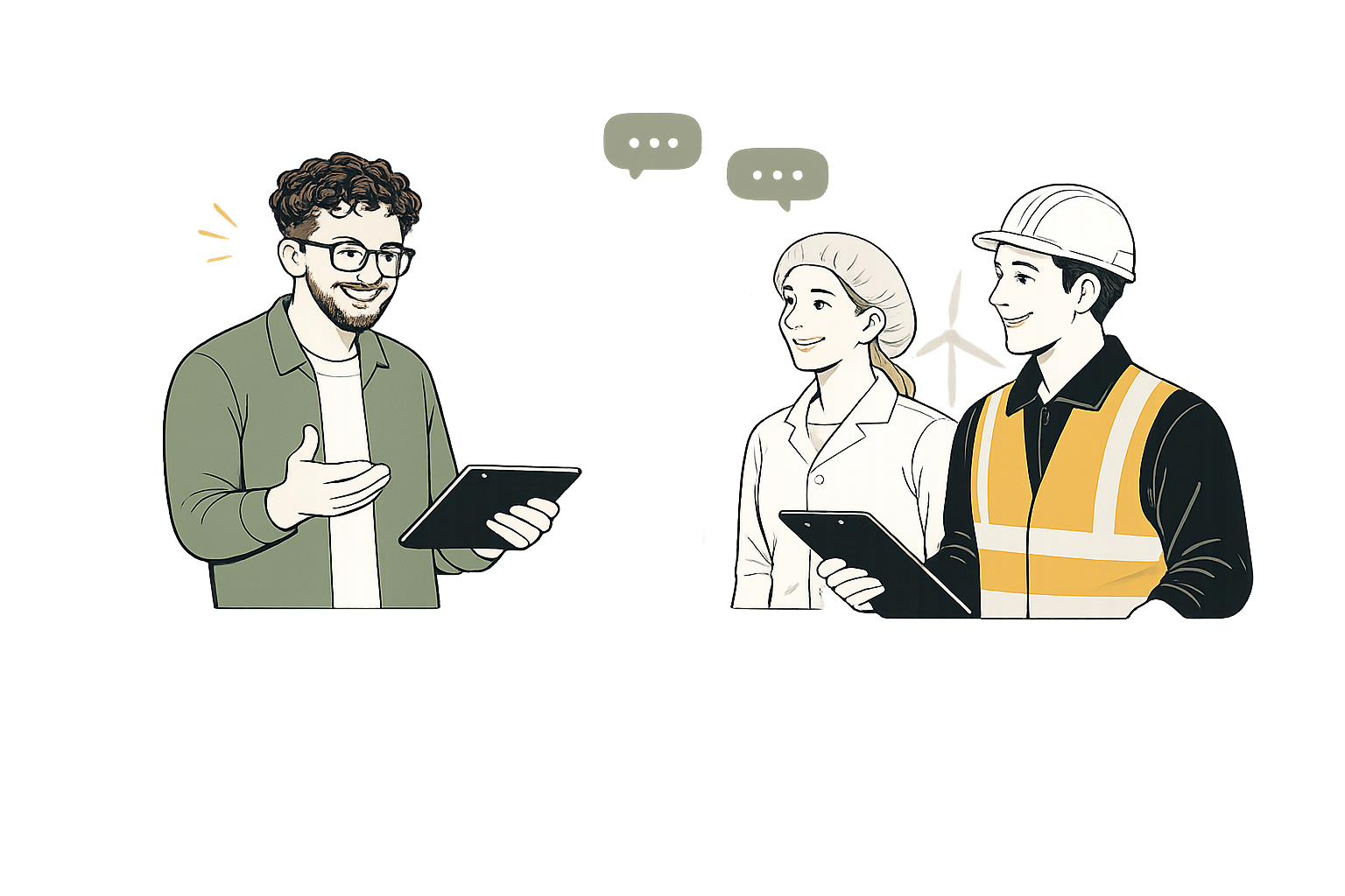 Three people in a work environment: a man with glasses and curly hair explaining something, a woman with a hairnet listening, and a man in a construction helmet and safety vest also listening, all holding tablets.