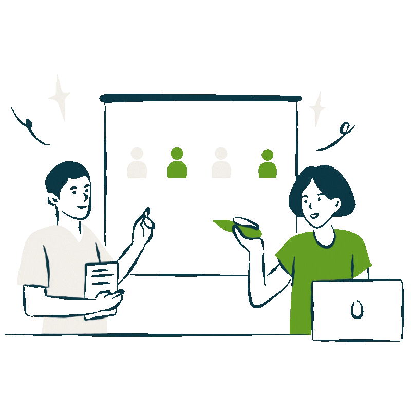 Two people sitting at a desk in a meeting or presentation setting with a projector screen behind them displaying four icons of people, some highlighted in green.