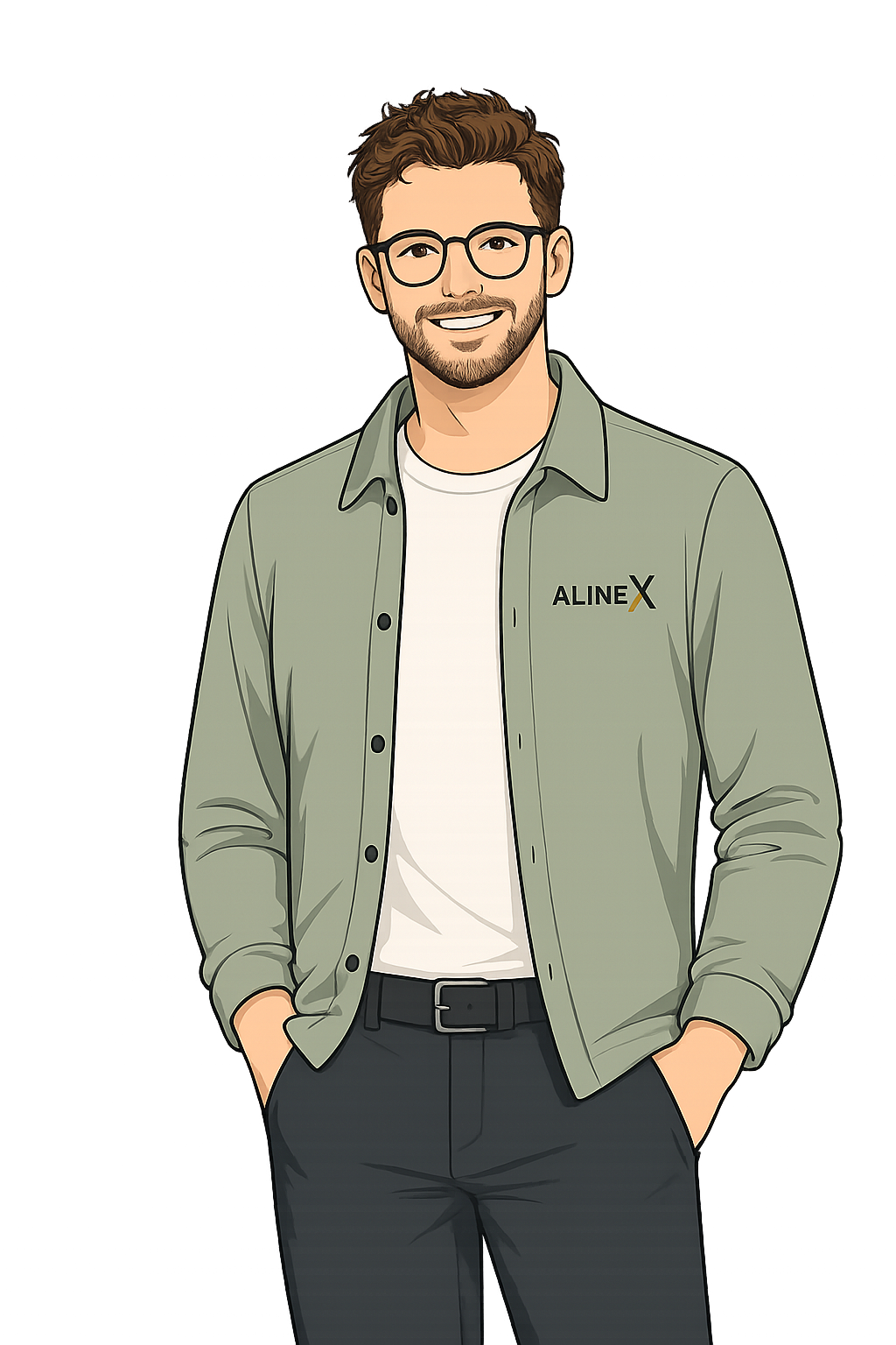 An illustrated man with brown hair, beard, and glasses, smiling, wearing a light green button-up shirt with 'ALINEX' logo, white T-shirt, and dark pants, standing with hands in pockets against a colorful digital background.