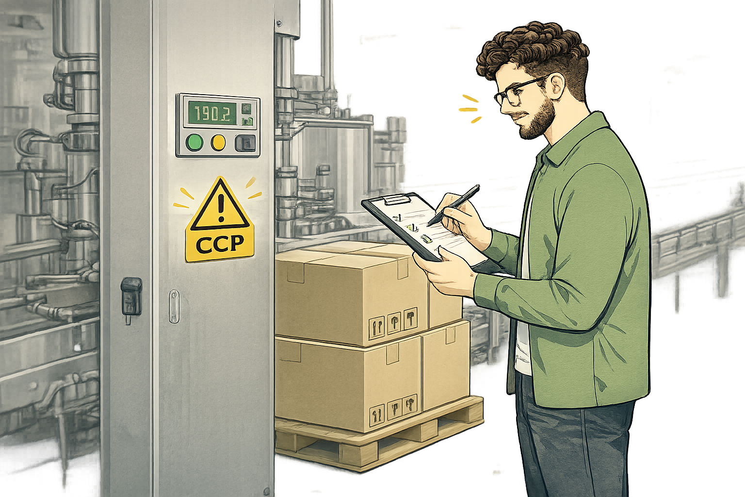 A man in a green jacket and glasses holds a clipboard and writes in a factory or industrial setting with boxes labeled with handling symbols, electrical control panel, and piping in the background.