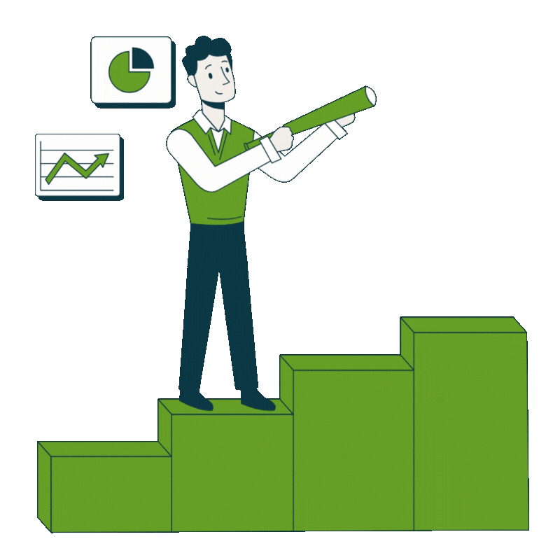 Illustration of a person standing on green ascending bars, holding a telescope, with charts showing growth and pie charts in the background.
