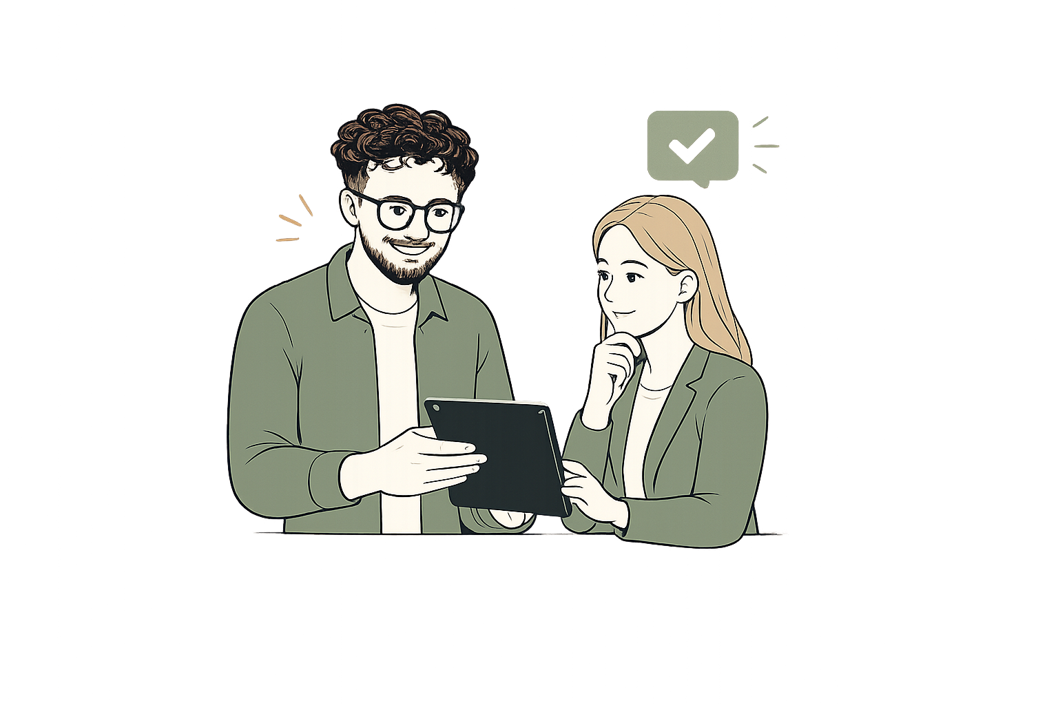A man and woman looking at a tablet together in an indoor setting.