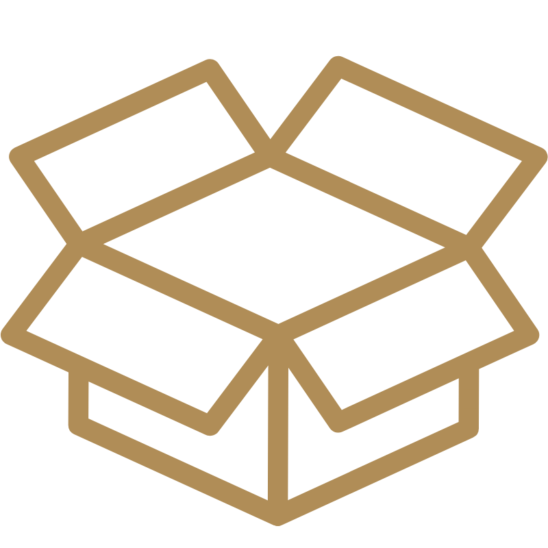 Outline drawing of an open cardboard box with flaps folded outward.