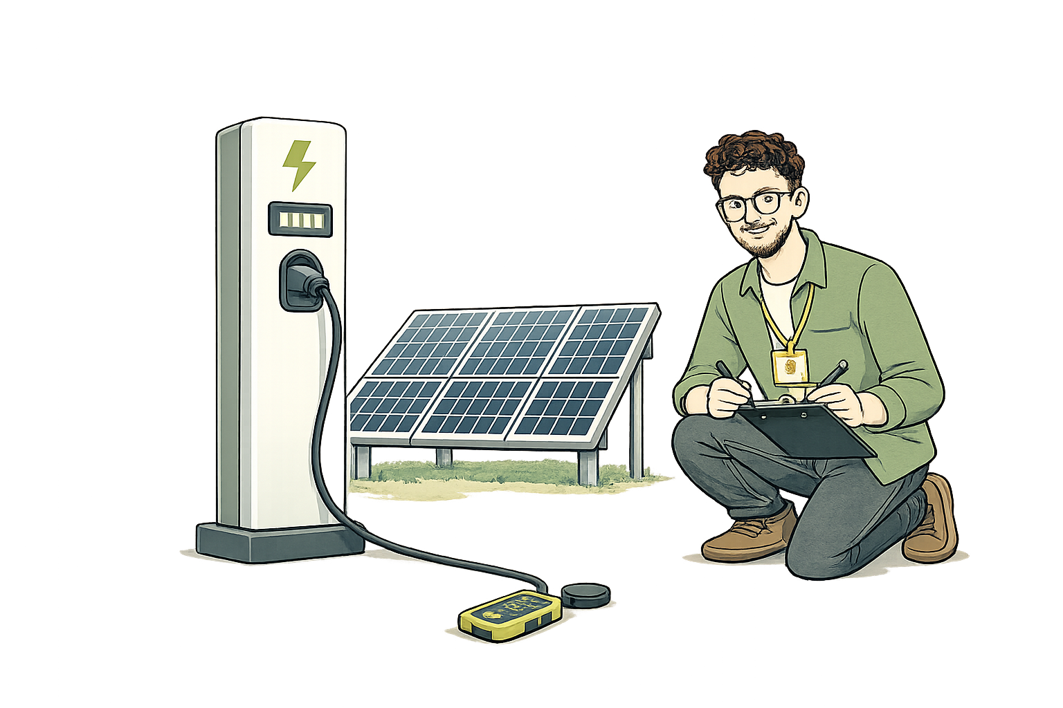Illustration of a man kneeling with a clipboard and pen next to a solar panel connected to an electric vehicle charging station and a portable charging device, indicating solar-powered electric vehicle charging.
