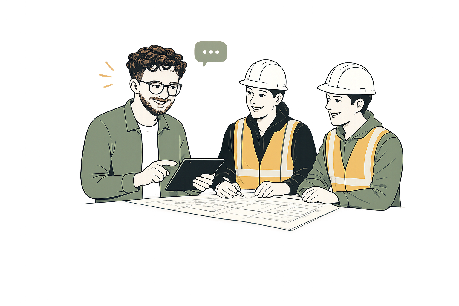 Three construction professionals, two men in safety vests and hard hats, and a man with glasses and a tablet, discussing plans.