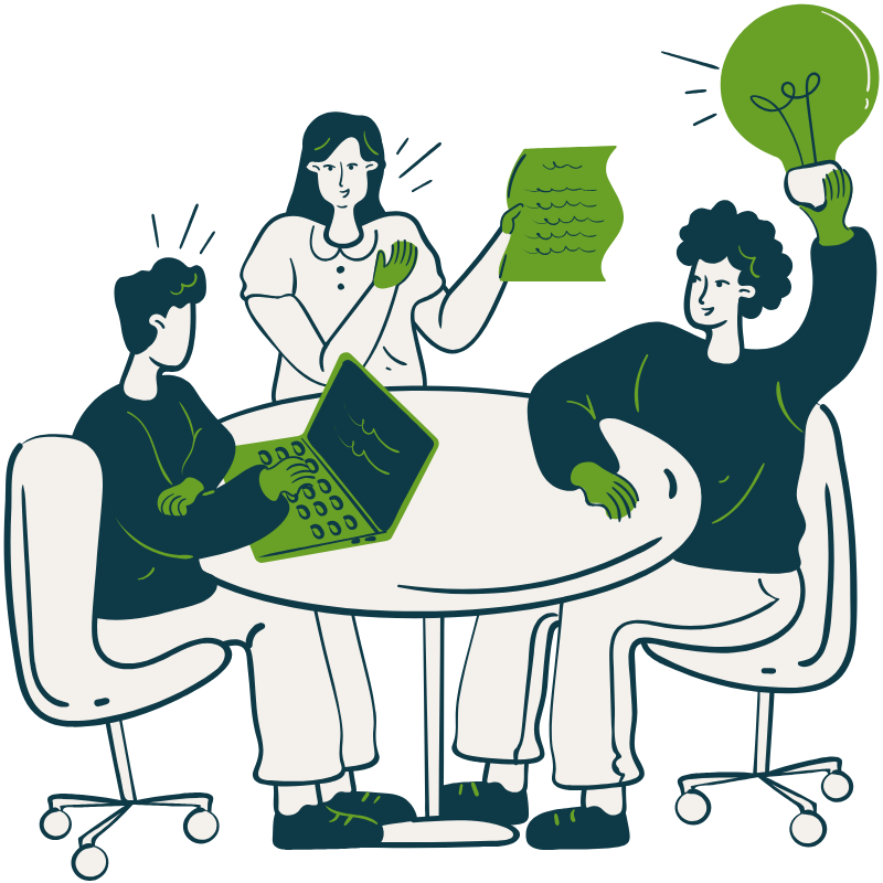 Illustration of three people engaged in a discussion around a round table, with one person using a laptop, another holding papers, and the third holding a lightbulb.