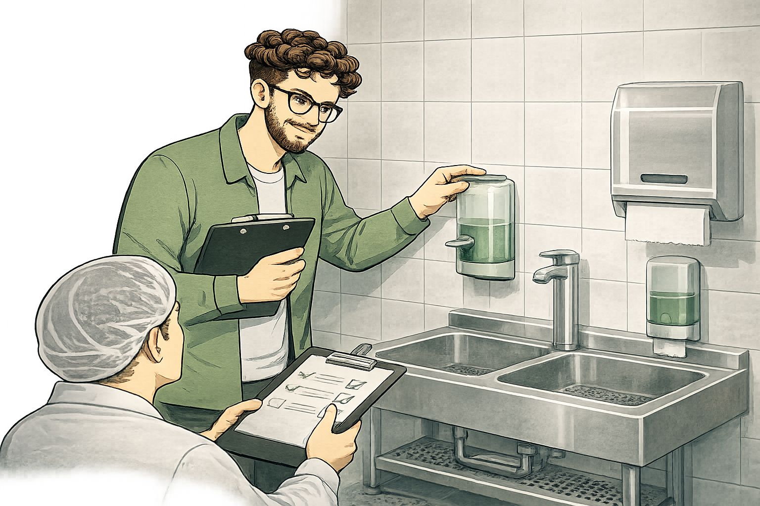 A man with curly hair, glasses, and a beard, wearing a green jacket, is inspecting a soap dispenser in a hospital or clinic setting. A healthcare worker, wearing a hair cover and white coat, is holding a clipboard and observing. The background features a double sink, soap dispensers, and a paper towel dispenser against tiled walls.