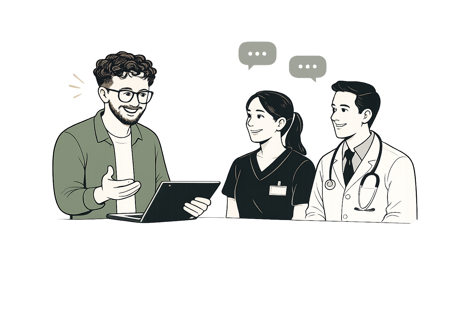 A man with glasses and curly hair talking to a nurse and a doctor at a hospital reception desk.