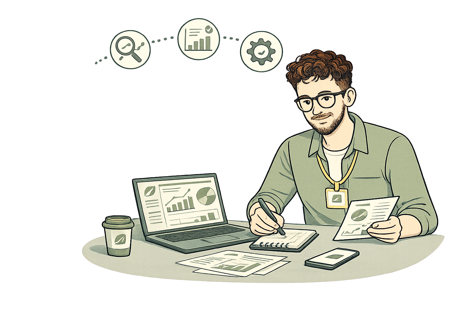 Illustration of a man with glasses and a beard working at a desk with papers, a laptop displaying charts and graphs, a smartphone, and a coffee cup; the man is holding a paper and writing in a notepad.