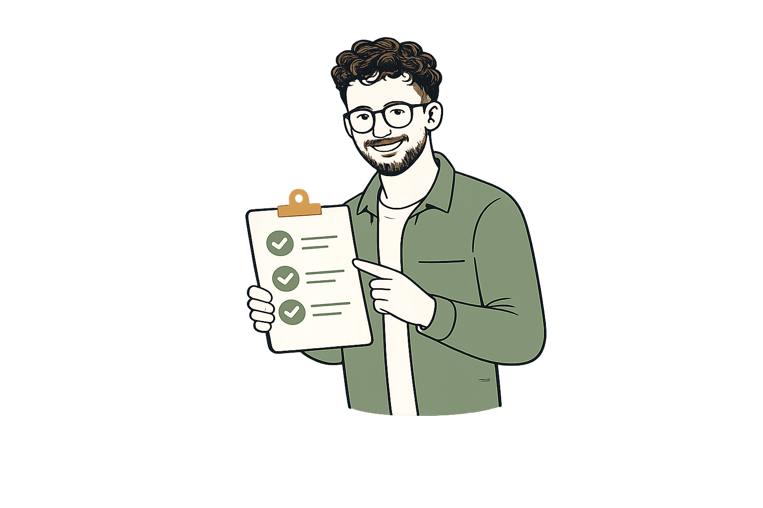 A man with curly hair, glasses, and a beard smiling and holding a clipboard with checkmarks, pointing at it.