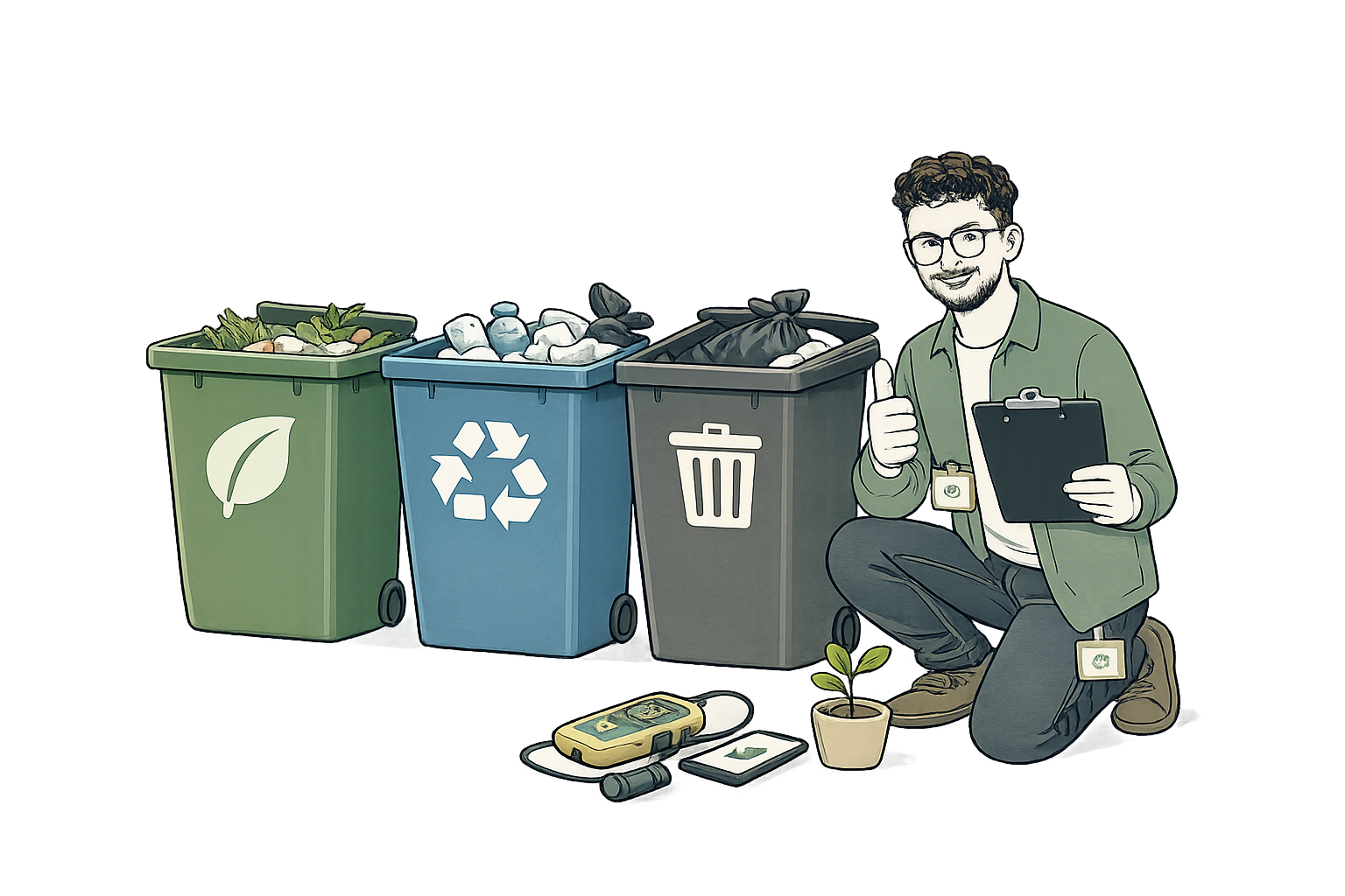 Illustration of a man with glasses crouching next to three recycling bins labeled for organic waste, plastics, and trash, holding a clipboard and giving a thumbs-up.