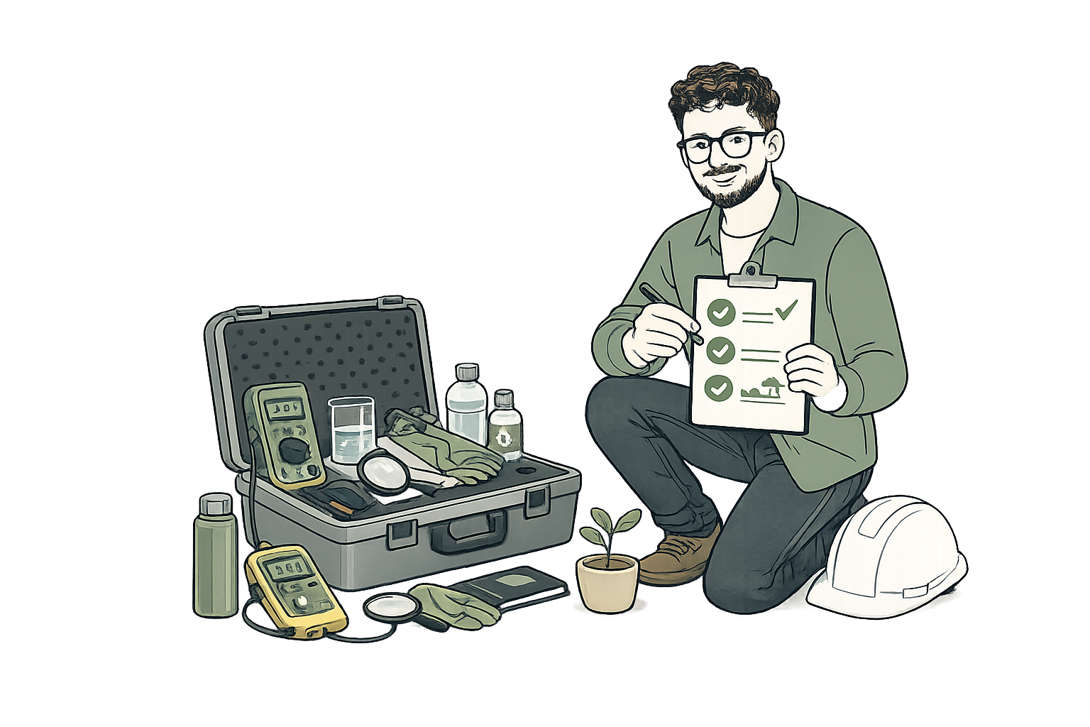 Illustration of a man kneeling next to an open equipment case filled with scientific instruments and supplies, holding a checklist with green checkmarks, with safety gear and a potted plant nearby, in a laboratory or industrial setting.