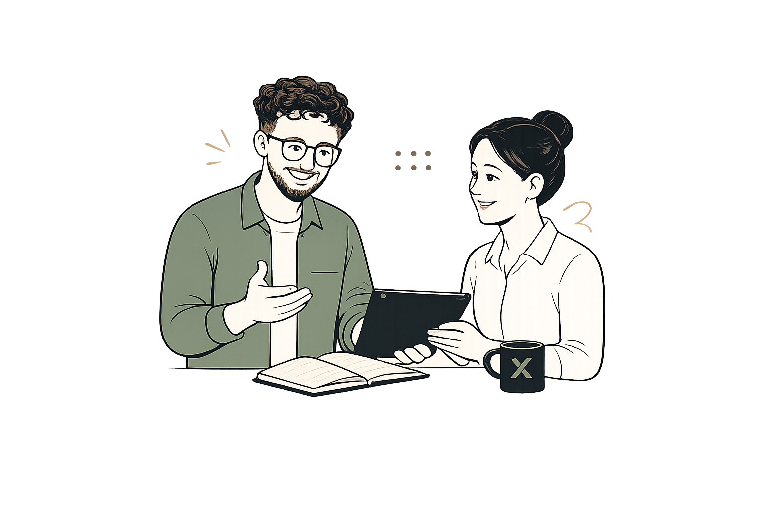 A man and a woman are having a conversation in a casual office setting, looking at a tablet. The man is smiling and gesturing with his hand, while the woman is holding the tablet and smiling. There is an open notebook and a coffee mug on the table.