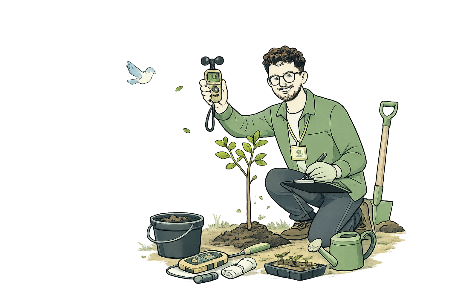 Illustration of a man planting a young tree, holding a gardening tool in one hand and a sensor device in the other. He is crouched beside a bucket, a watering can, a small plant, and gardening gloves. A shovels is stuck in the ground behind him, and a bird is flying nearby.