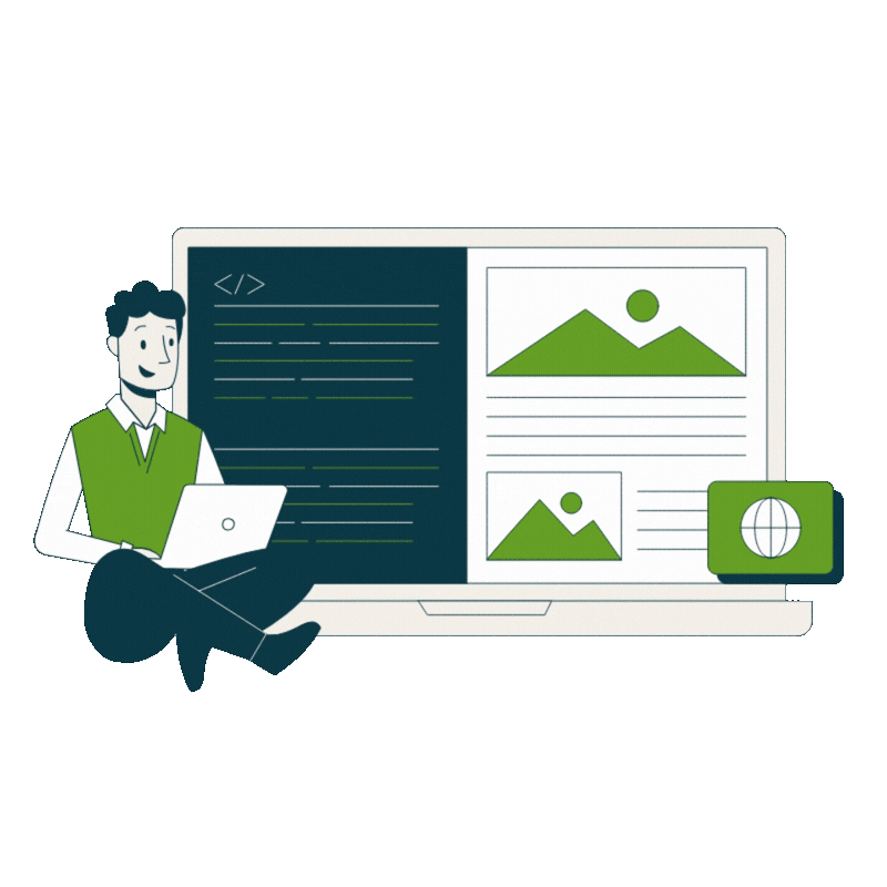 A person holds a laptop while sitting next to a large computer screen displaying code and images, with a smaller globe icon