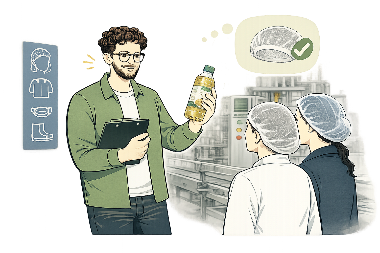 A man in a green jacket holding a bottle of oil, instructing two women in hairnets. The women are looking at the man, in a food processing or manufacturing setting.