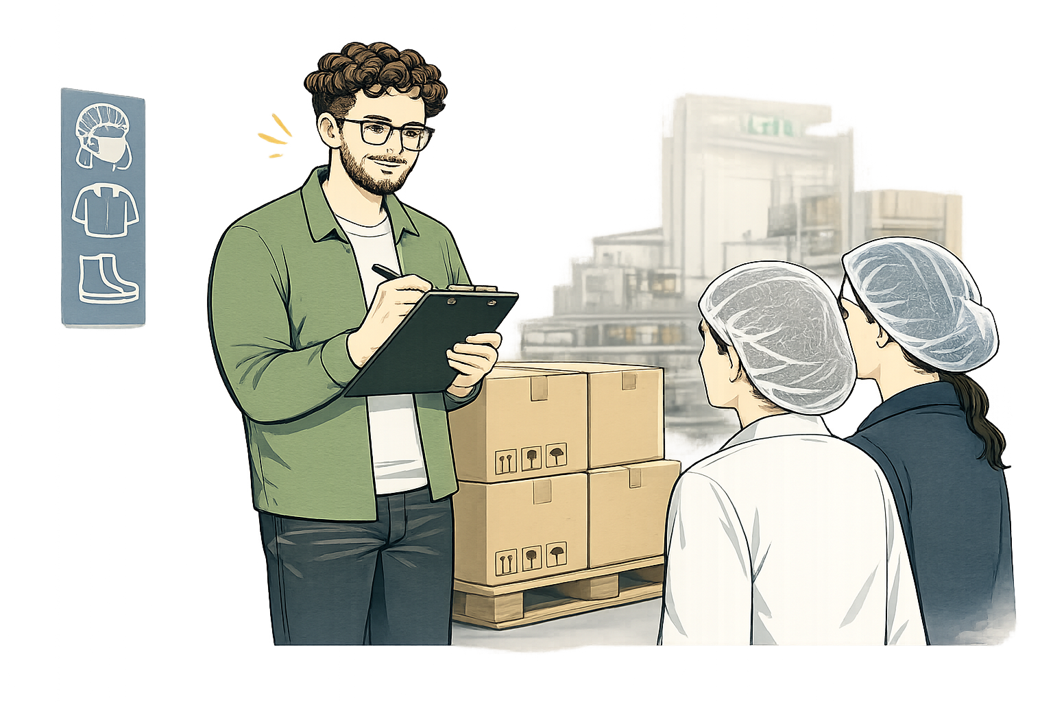 A man with glasses and a beard is taking notes on a clipboard while talking to two women wearing hairnets and lab coats in a warehouse or factory setting with cardboard boxes and shelving in the background.