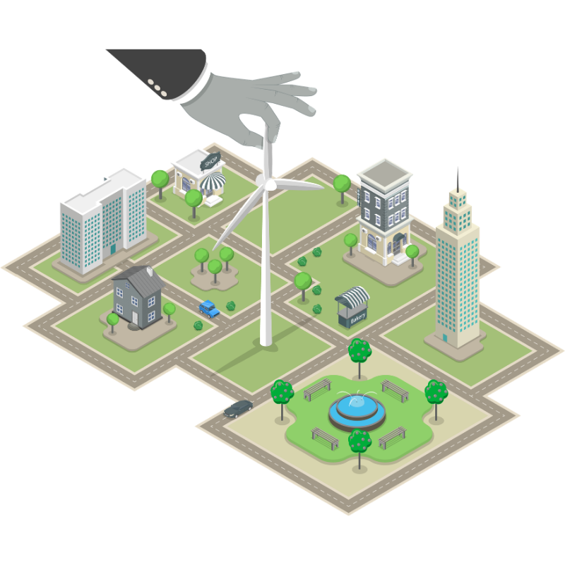 An isometric illustration of a city with a large wind turbine being installed, with a gloved hand holding the turbine blade. The city includes various buildings, trees, a fountain, and roads.