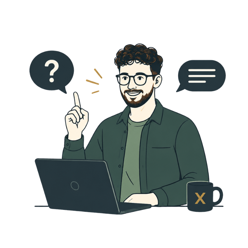 Cartoon man with curly hair and glasses sitting at a desk with a laptop, raising his index finger, with speech bubbles containing a question mark and text, and a black mug with a yellow X.