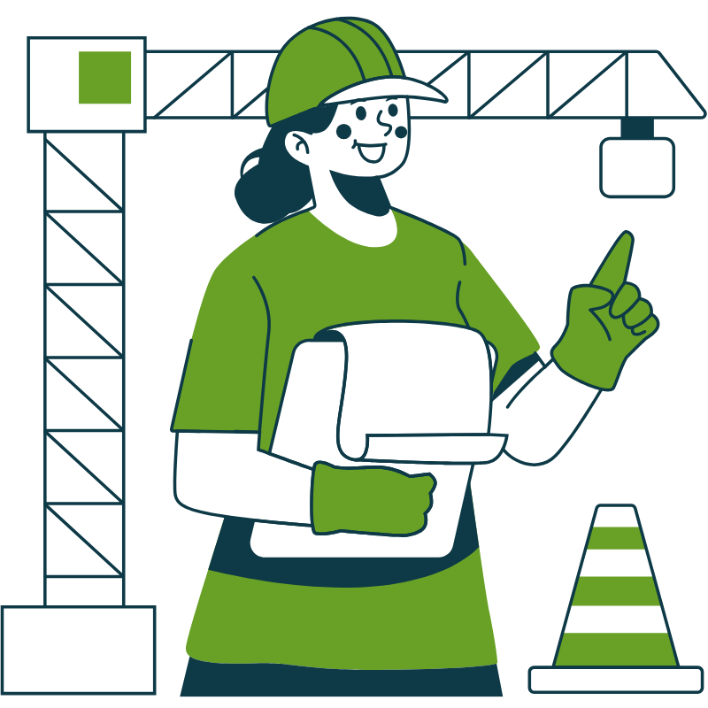 An illustration of a female construction worker wearing a yellow hard hat and safety gloves, holding a clipboard, smiling, with construction crane and traffic cone in the background.