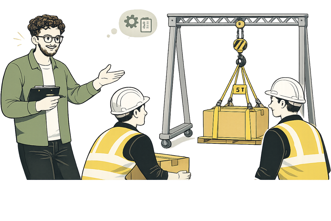 A man with glasses and a beard giving instructions to two construction workers wearing helmets and safety vests, while standing near a load-testing crane lifting a box marked 5T.