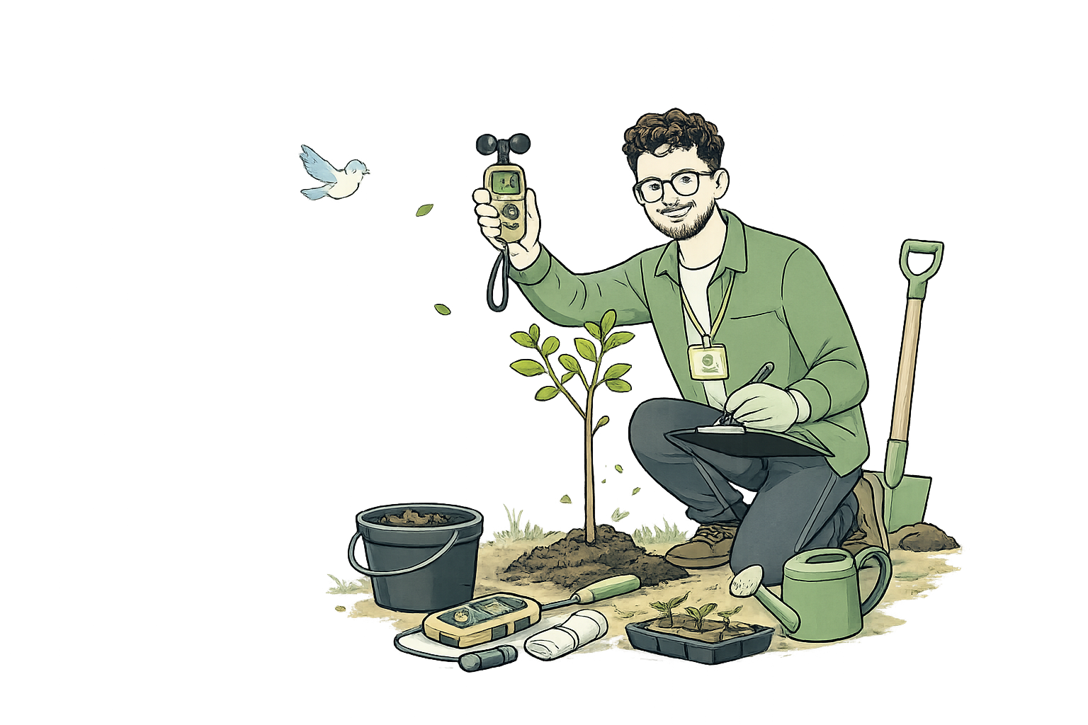 Illustration of a man with glasses and curly hair gardening, holding a water spray, completing a planting task with a small sapling. The man is smiling and wearing a green jacket, kneeling on the ground with gardening tools, a watering can, a shovel, plant seedlings, and a gardening glove. There is a bird flying nearby, and the scene is in a natural outdoor setting.