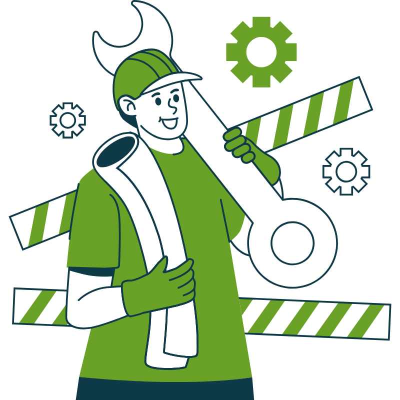 Illustration of a construction worker wearing a hard hat and safety gloves, holding a large wrench, with construction barriers and gears in the background.