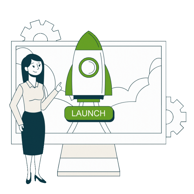 A woman pointing at a computer screen with a rocket and a "LAUNCH" button, with gears in the background.