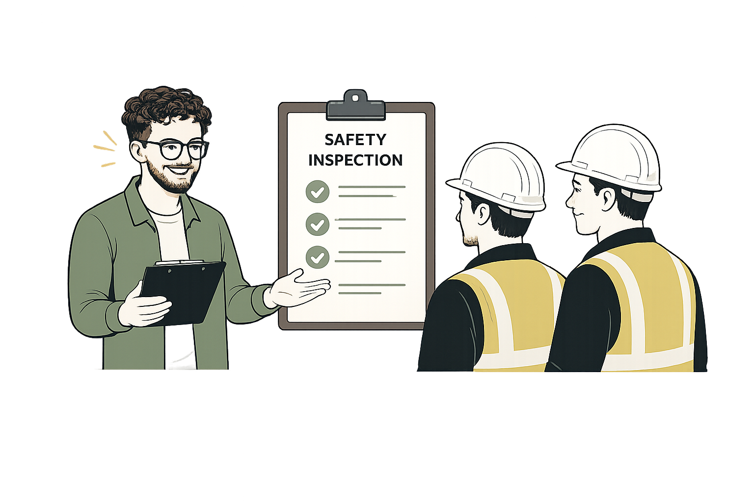A safety inspector talks to two workers wearing hard hats and safety vests, with a safety inspection checklist displayed on a board.