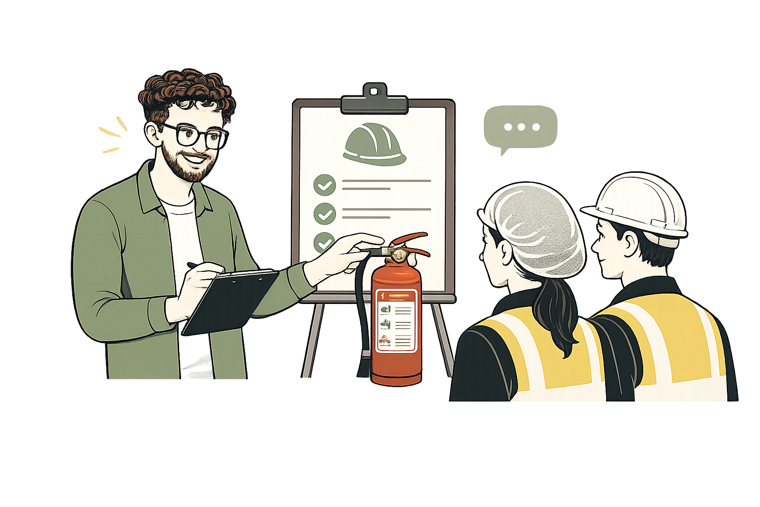 A man in glasses showing a fire extinguisher to two construction workers wearing hard hats, with a clipboard and a safety checklist on an easel.