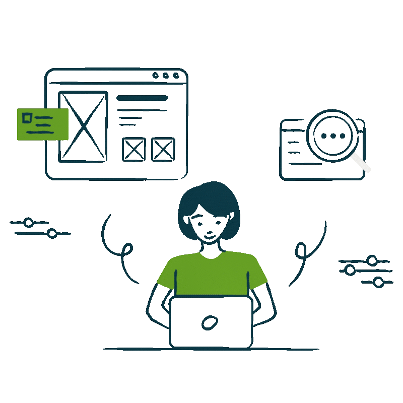 Illustration of a woman at a laptop, with icons representing website design, content, and search analysis surrounding her.