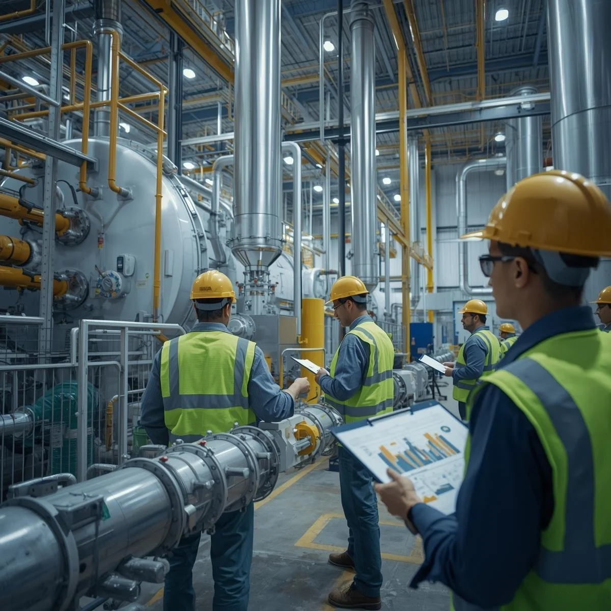 A group of industrial workers wearing yellow hard hats and safety vests are inspecting machinery and taking notes inside a large industrial factory or plant with extensive piping and equipment.