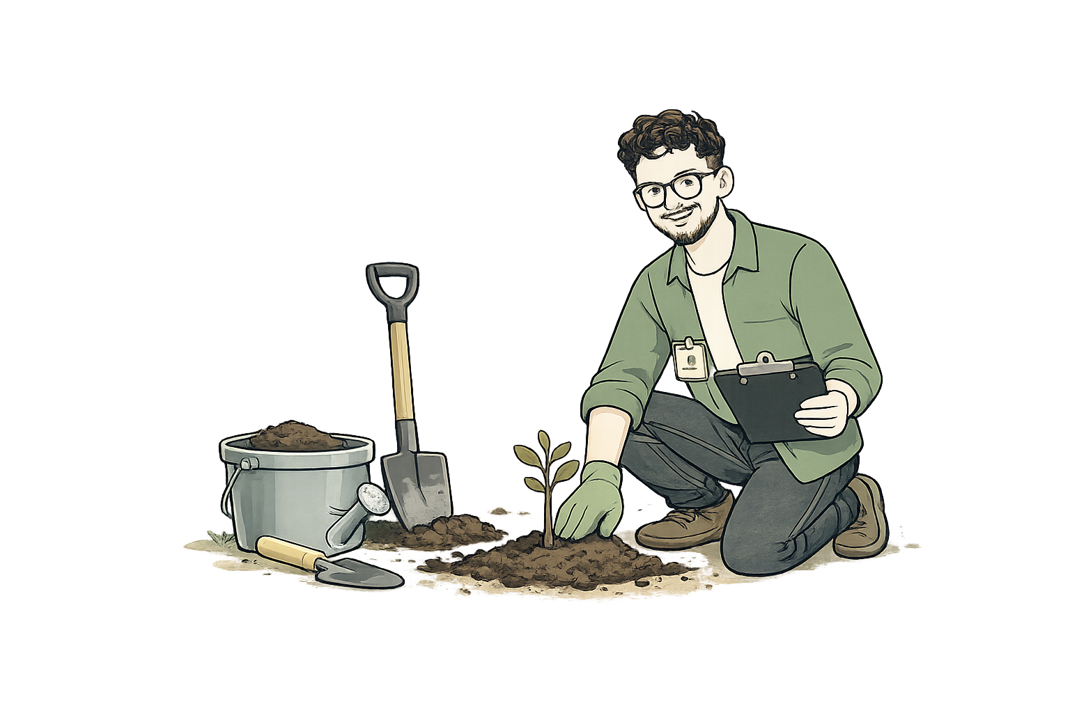 A person planting a small tree or sapling in soil, wearing gardening gloves, kneeling, with gardening tools and a bucket nearby, inside a greenhouse or garden area.