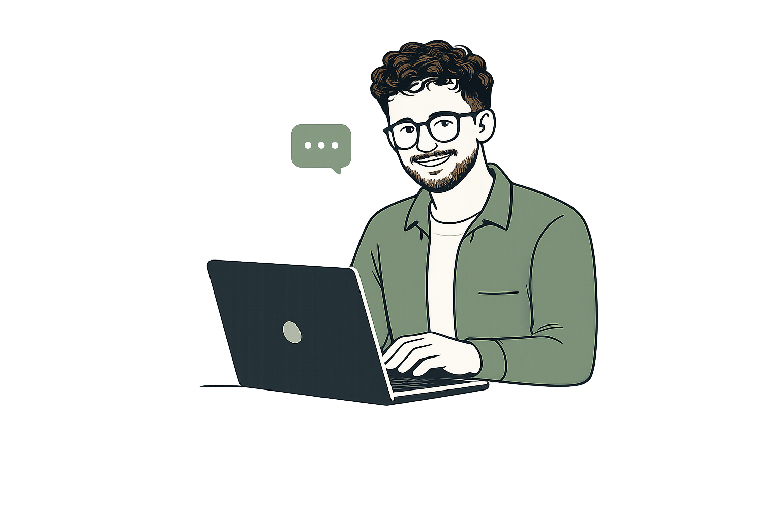 A digital illustration of a man with curly hair, glasses, and a beard working on a laptop at a desk in an office or tech environment.