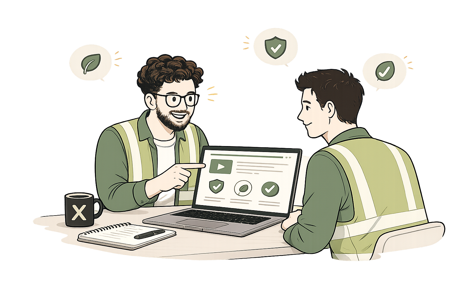 Two people wearing safety vests having a discussion at a desk with a laptop, notebook, and coffee mug, in an office setting.