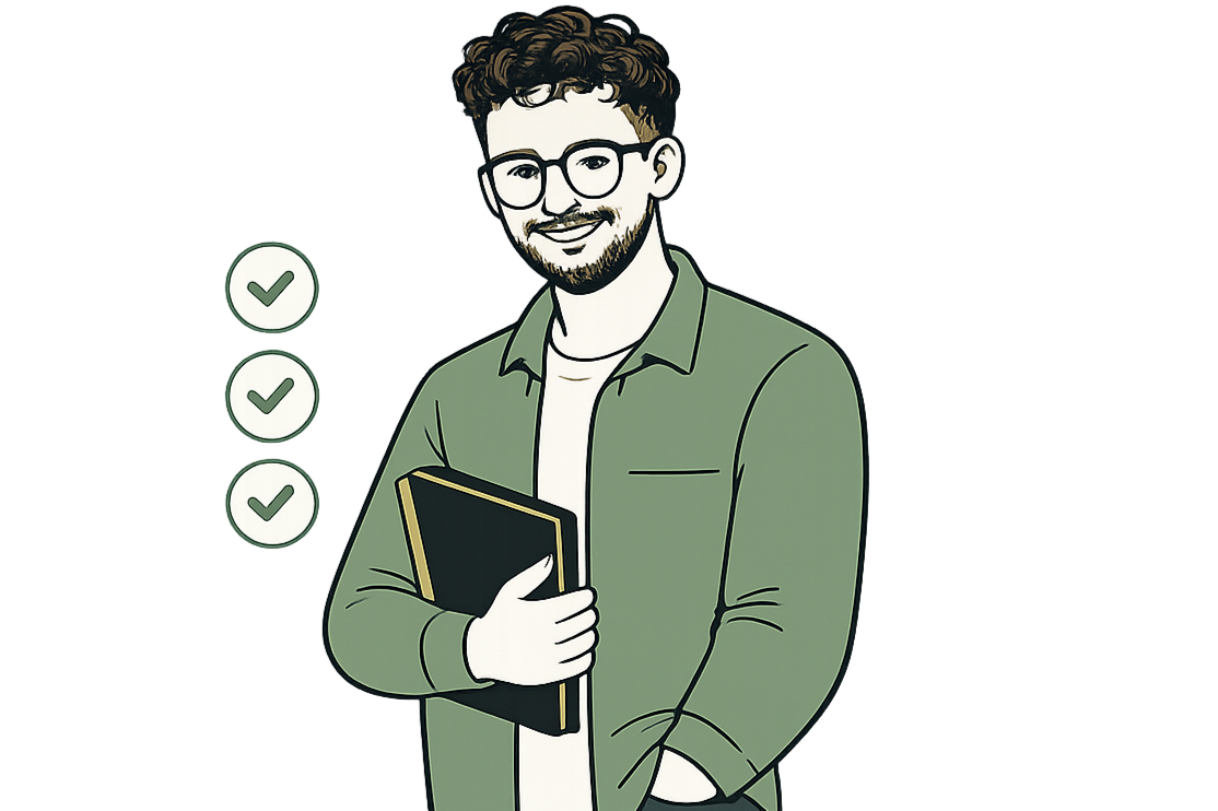 Illustration of a young man with curly hair, glasses, and a beard, holding a notebook and smiling. He is wearing a green jacket over a white shirt, with check marks on the left side of the image.