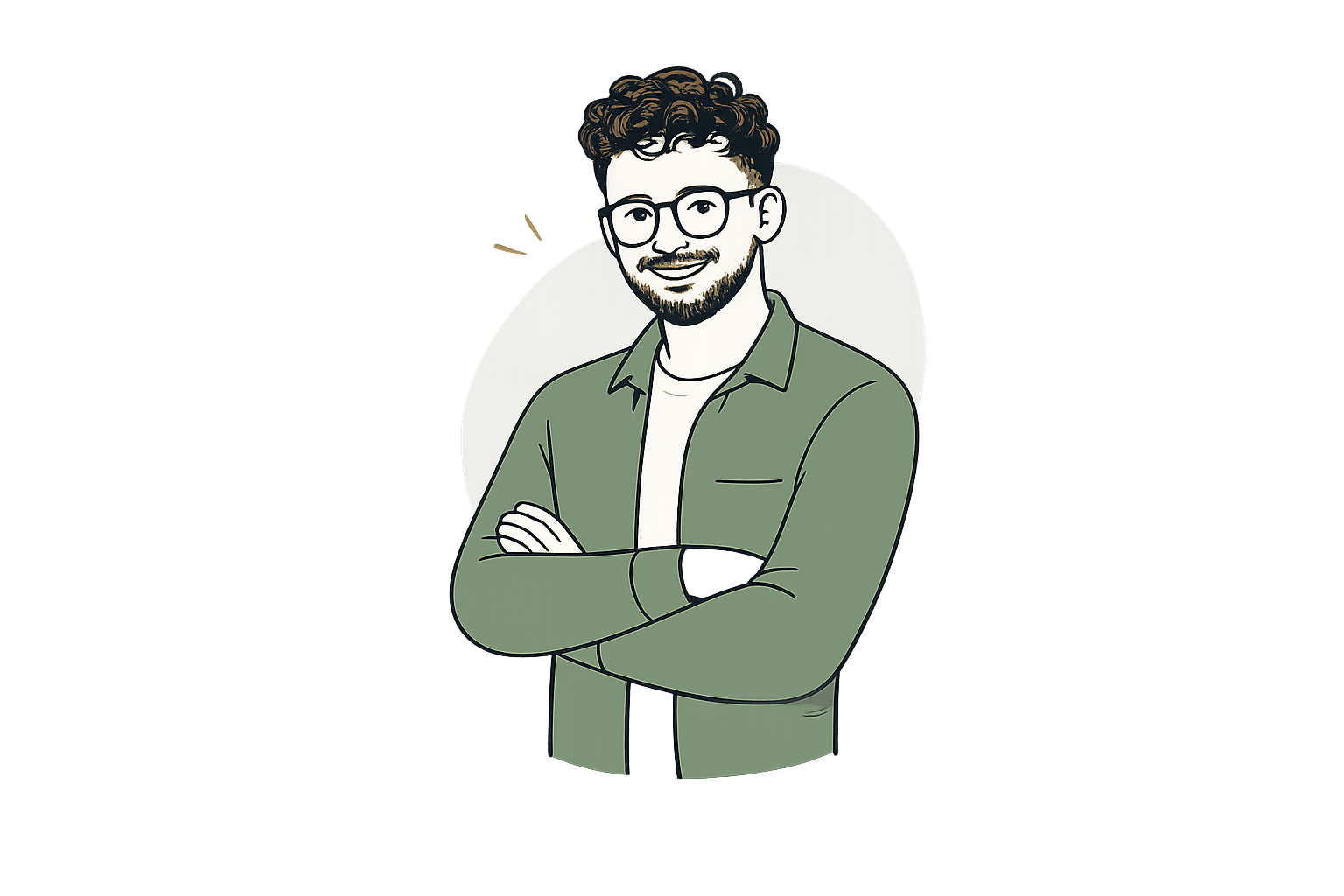Digital illustration of a young man with curly hair, glasses, a beard, and a friendly smile, standing with arms crossed, wearing a green jacket over a white shirt, with a circular white background and a subtle glow effect.