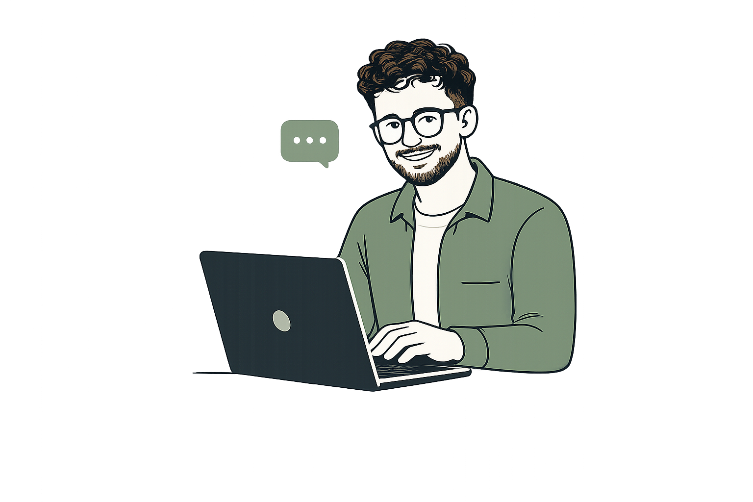 A digital illustration of a man with curly brown hair and glasses, smiling while working on a laptop at a desk. The background features colorful, abstract graphics.