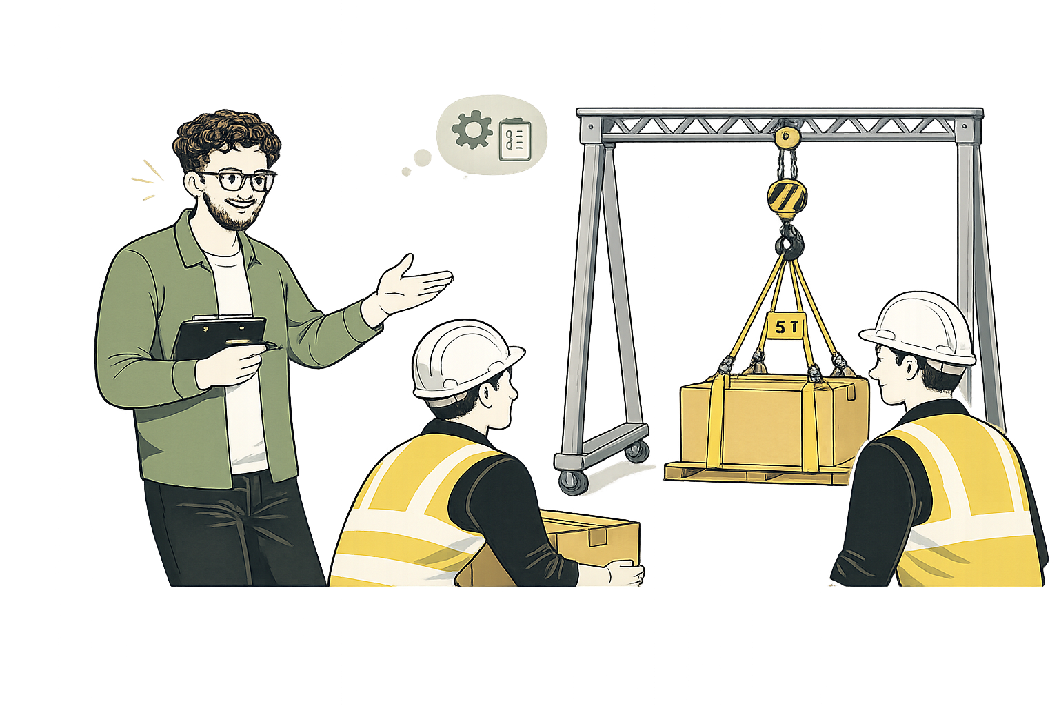 A man with glasses and curly hair is giving instructions to two construction workers in helmets and safety vests, who are examining a yellow 5-ton crane lifting a large boxed item in a warehouse.