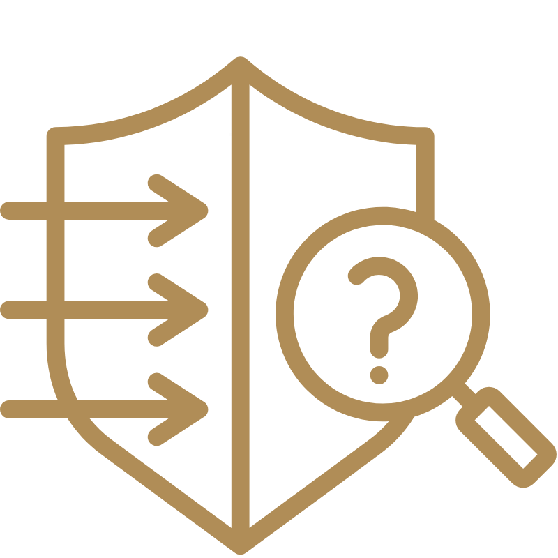 A shield with arrows pointing to the left, and a magnifying glass with a question mark, representing security and analysis.