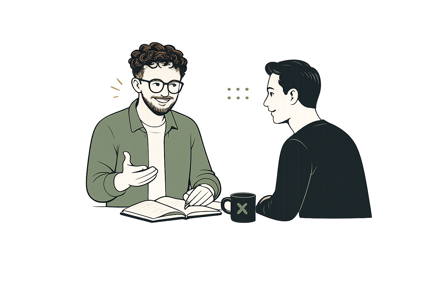 Two men having a conversation at a table, one with glasses and a beard, the other with dark hair, a mug, and an open book.