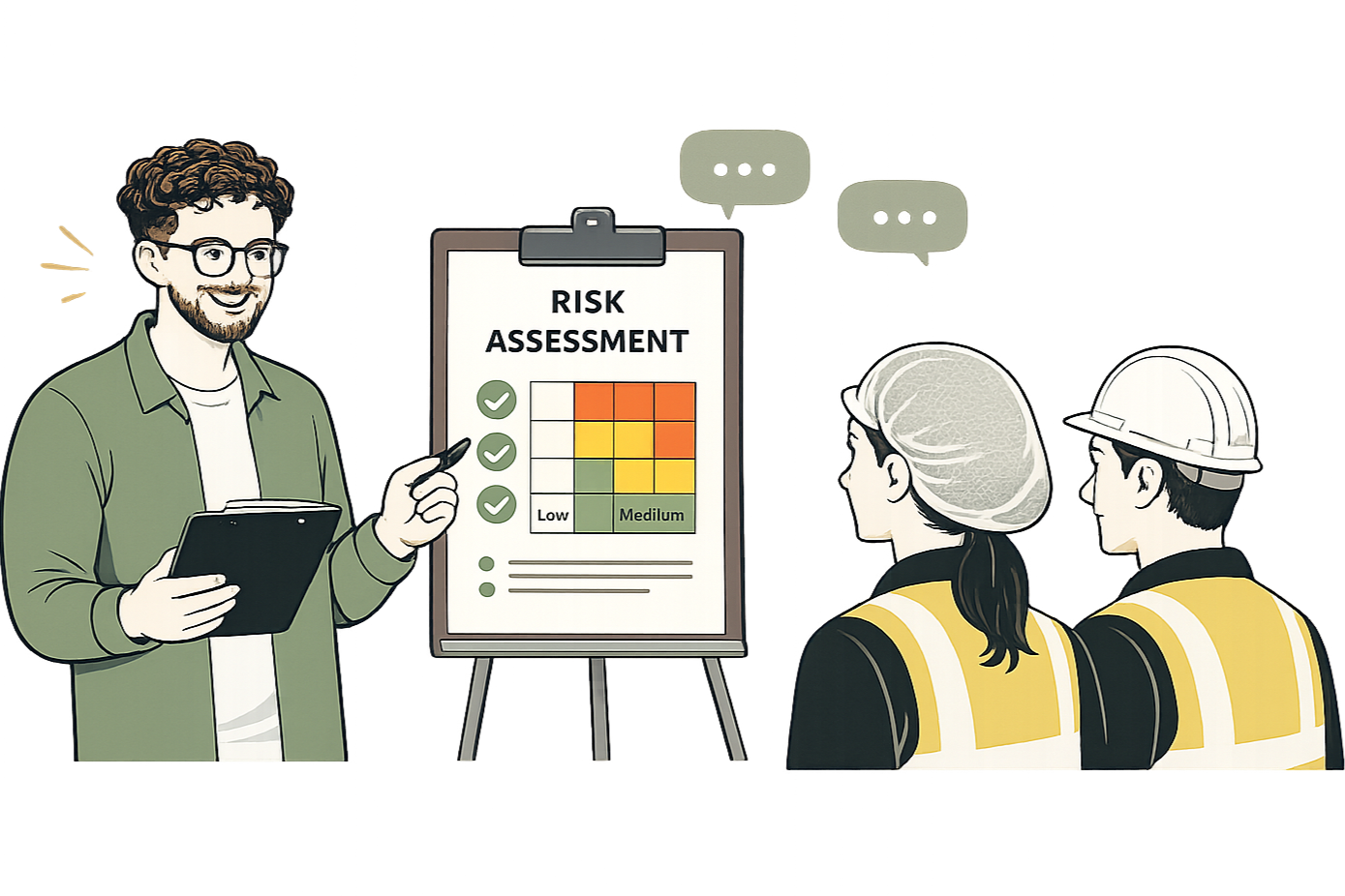 A man with glasses and a beard, wearing a green jacket, giving a presentation about risk assessment to two construction workers in safety helmets and vests. The presentation slide shows a risk matrix with low, medium, and high risk areas.