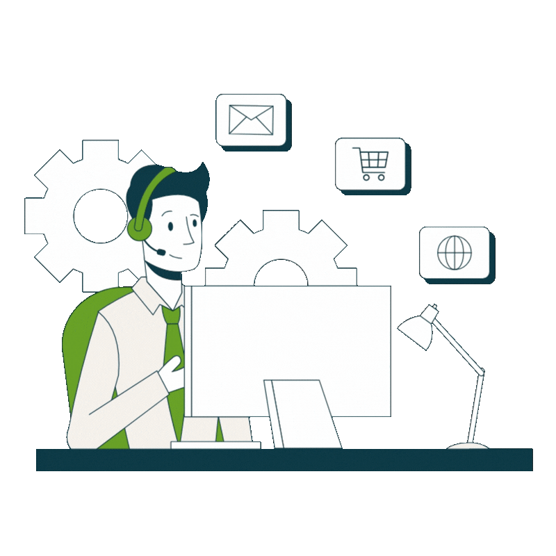 An animated illustration of a customer service representative wearing a headset, sitting at a desk with a computer, surrounded by icons representing email, shopping cart, globe for internet, and gears for settings, on a green background.