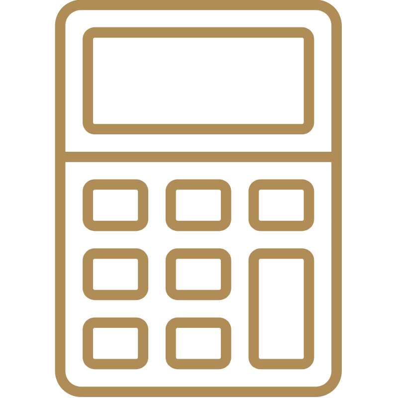 A simple, stylized digital calculator with a rectangular screen at the top, nine square buttons in the middle, and a large rectangular button at the bottom right, all outlined in brown on a black background.